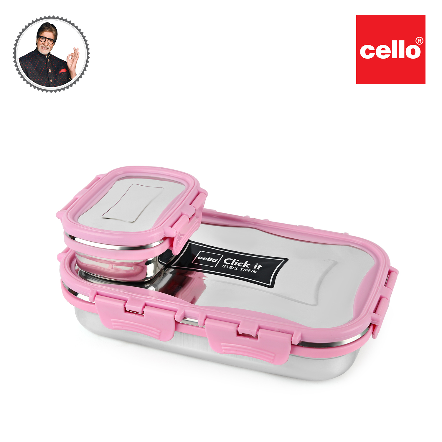 CELLO CLICK IT STAINLESS STEEL LUNCH PACK FOR OFFICE & SCHOOL USE (VEG BOX INCLUDED PINK)