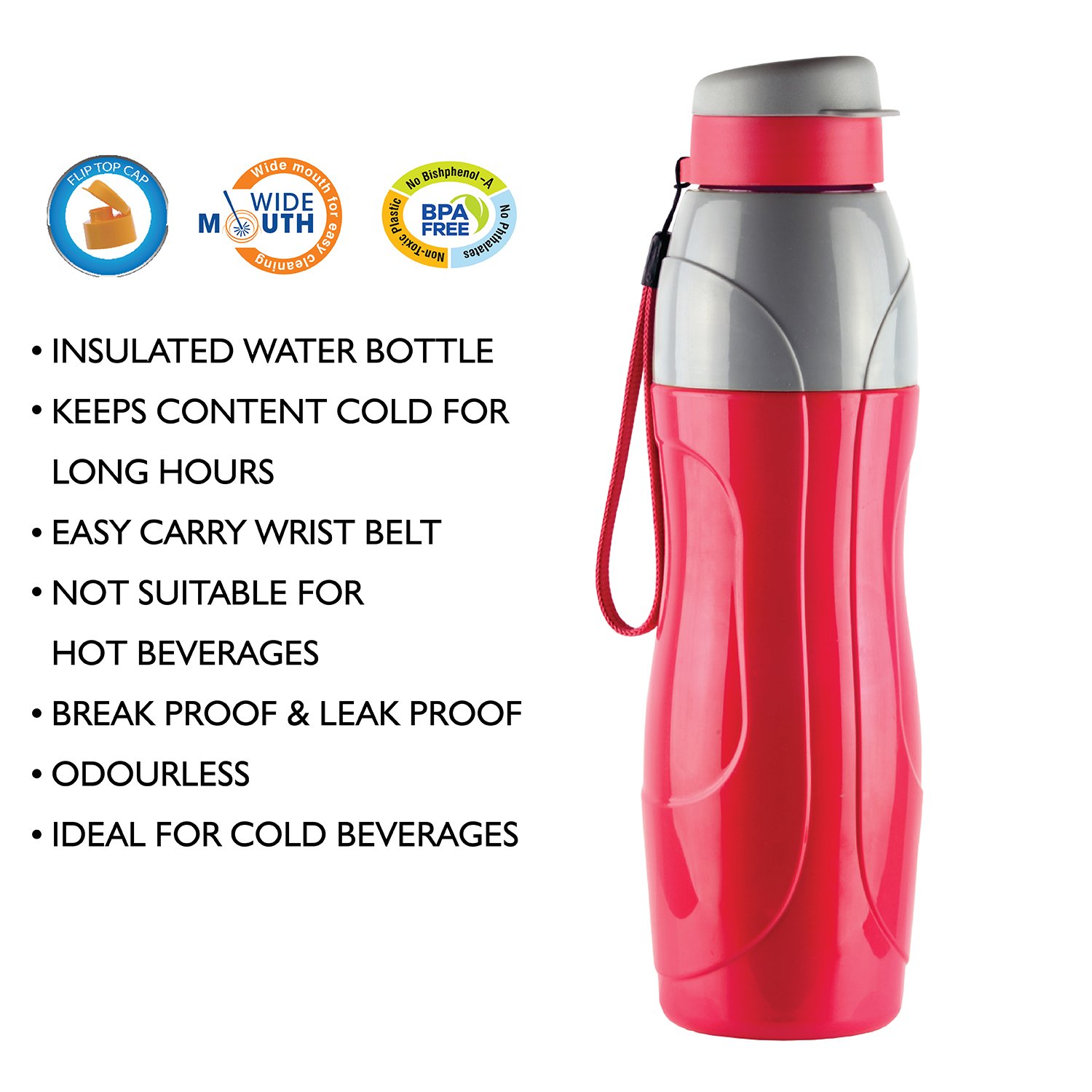 CELLO PURO SPORTS WATER BOTTLE STEEL INNER, 600ML, RED