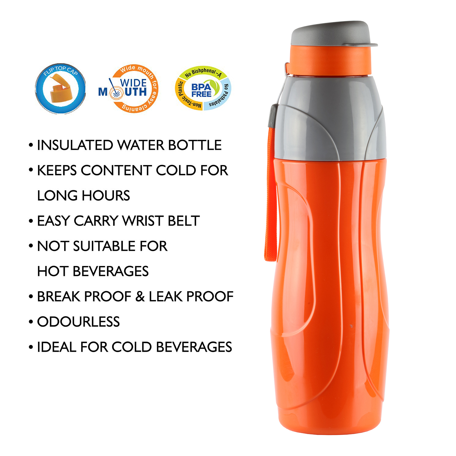 CELLO PURO SPORTS WATER BOTTLE STEEL INNER, 600ML, ORANGE