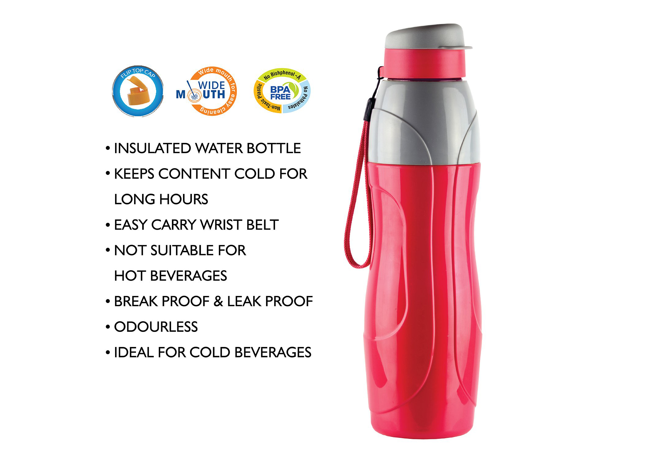 CELLO PURO SPORTS WATER BOTTLE STEEL INNER, 900ML, RED