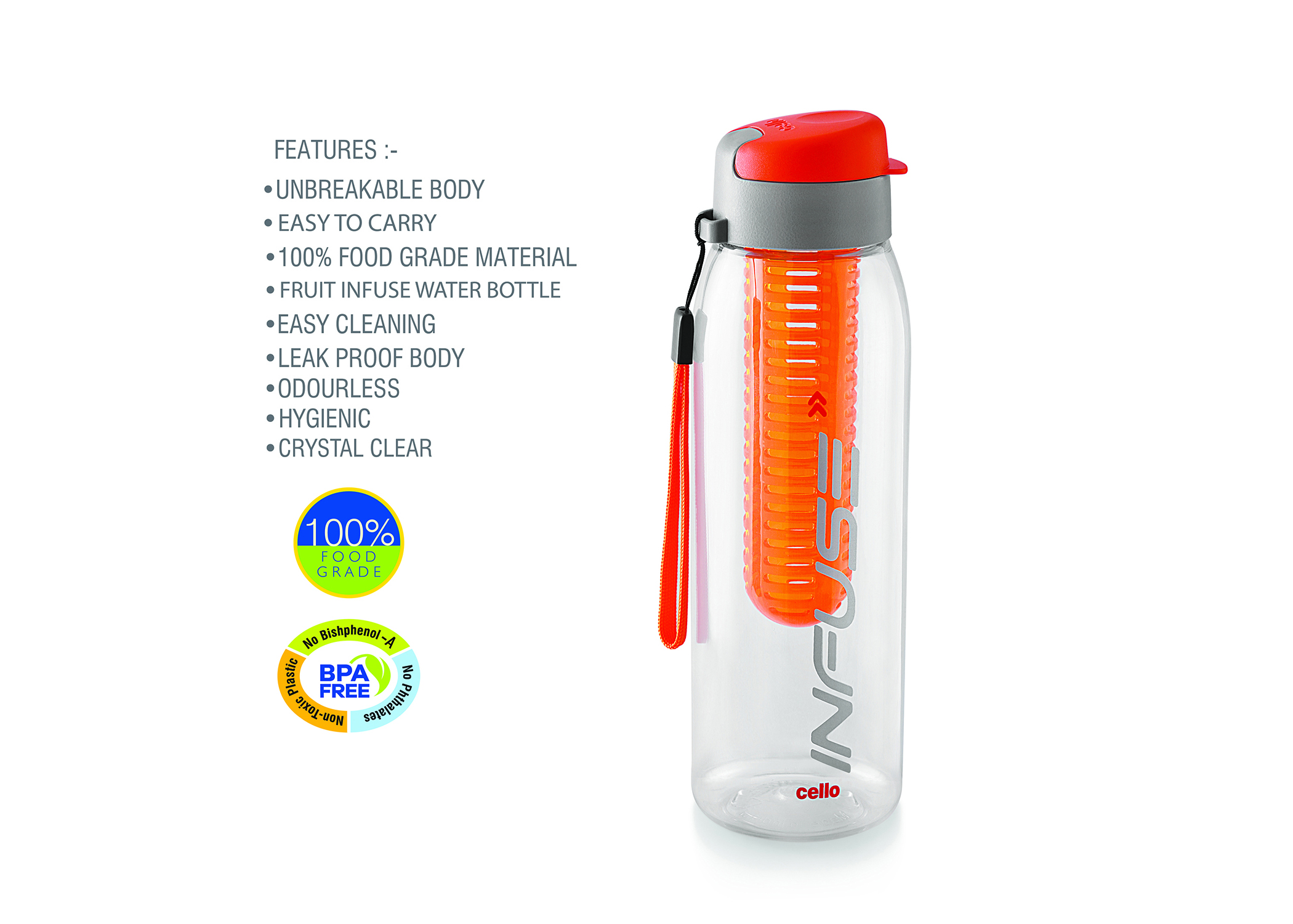 CELLO INFUSE PLASTIC WATTER BOTTLE, 800ML, ORANGE