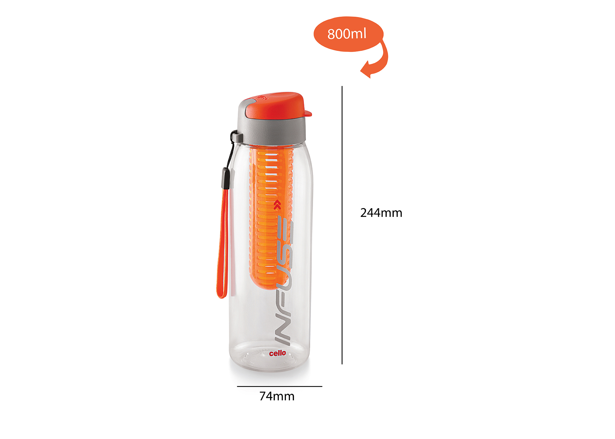 CELLO INFUSE PLASTIC WATTER BOTTLE, 800ML, ORANGE