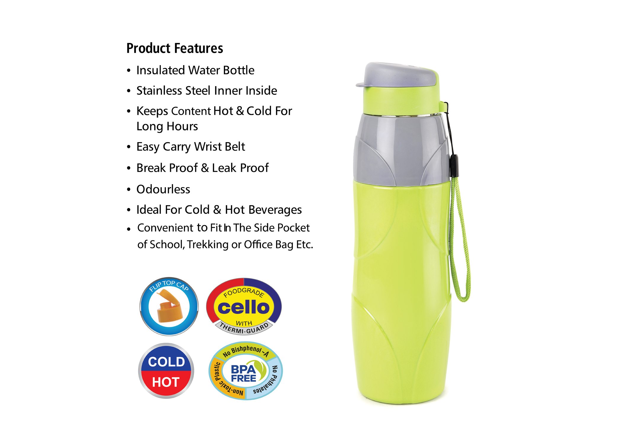 CELLO PURO LEXUS WATER BOTTLE STAINLESS STEEL INNER, 900ML, GREEN