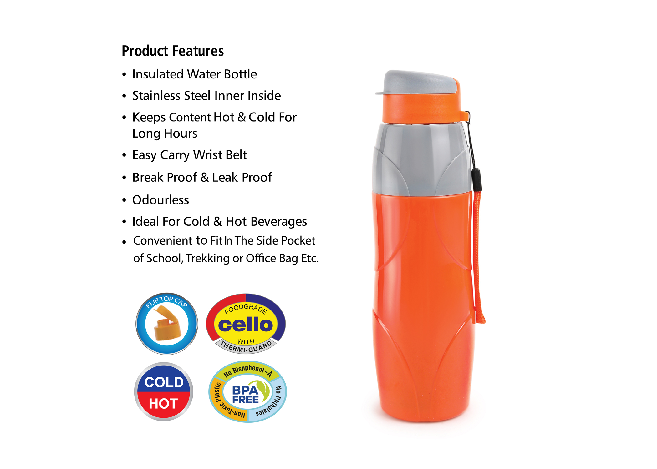 CELLO PURO LEXUS WATER BOTTLE STAINLESS STEEL INNER, 600ML, ORANGE