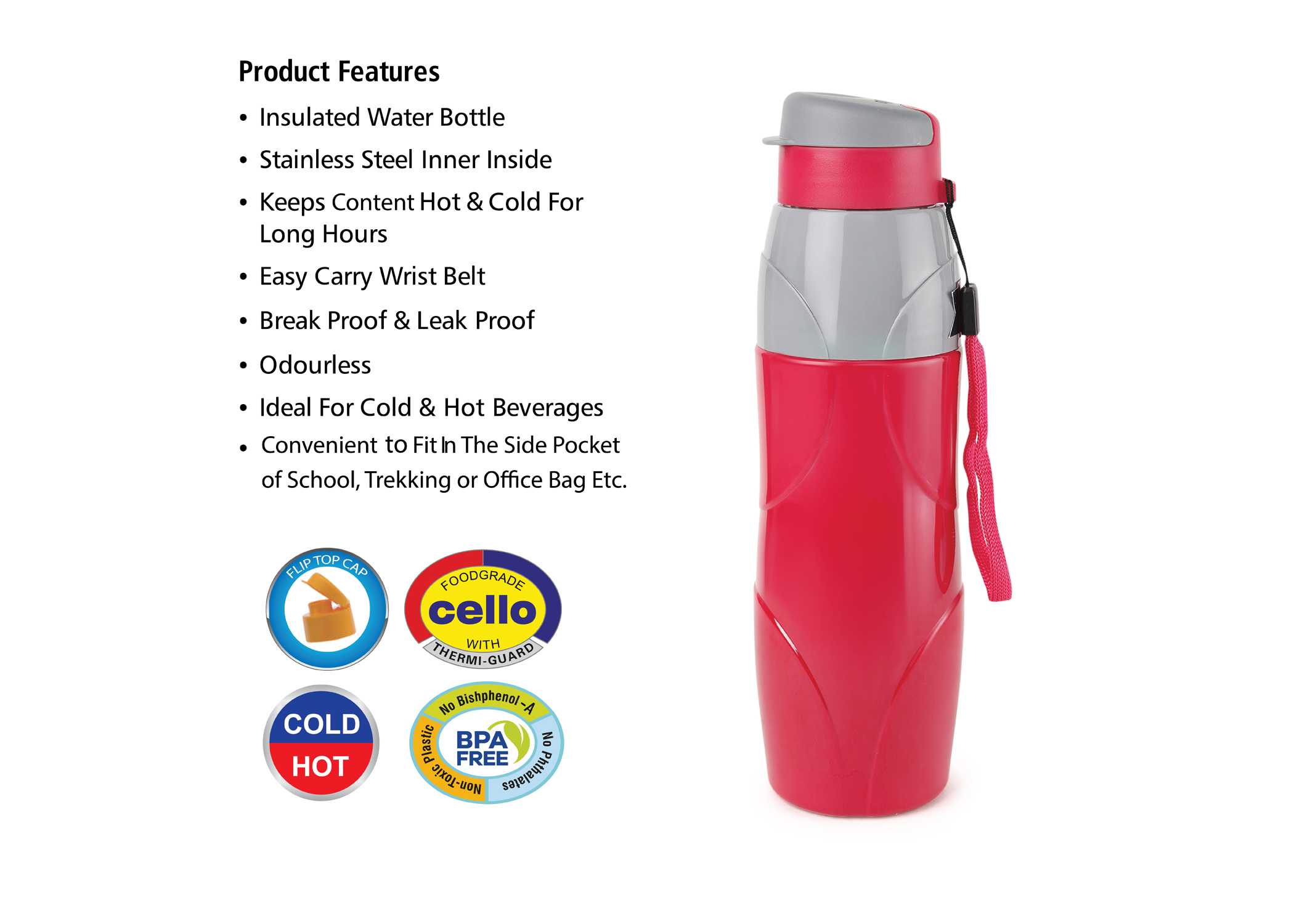 CELLO PURO LEXUS WATER BOTTLE STAINLESS STEEL INNER, 900ML, RED