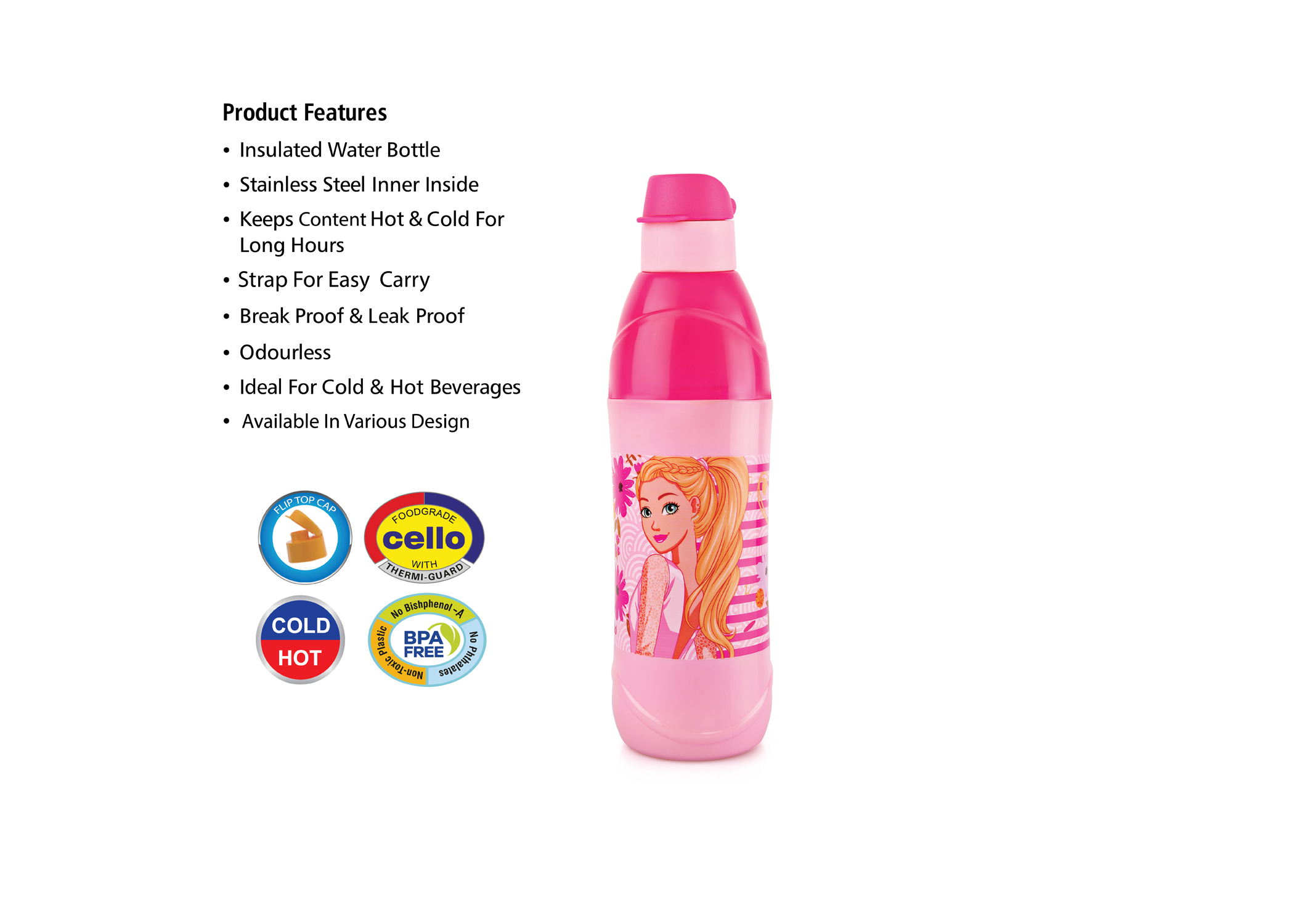 CELLO PURO STEEL-X KID ZEE WATER BOTTLE STAINLESS STEEL INNER, LIGHT PINK, 600ML